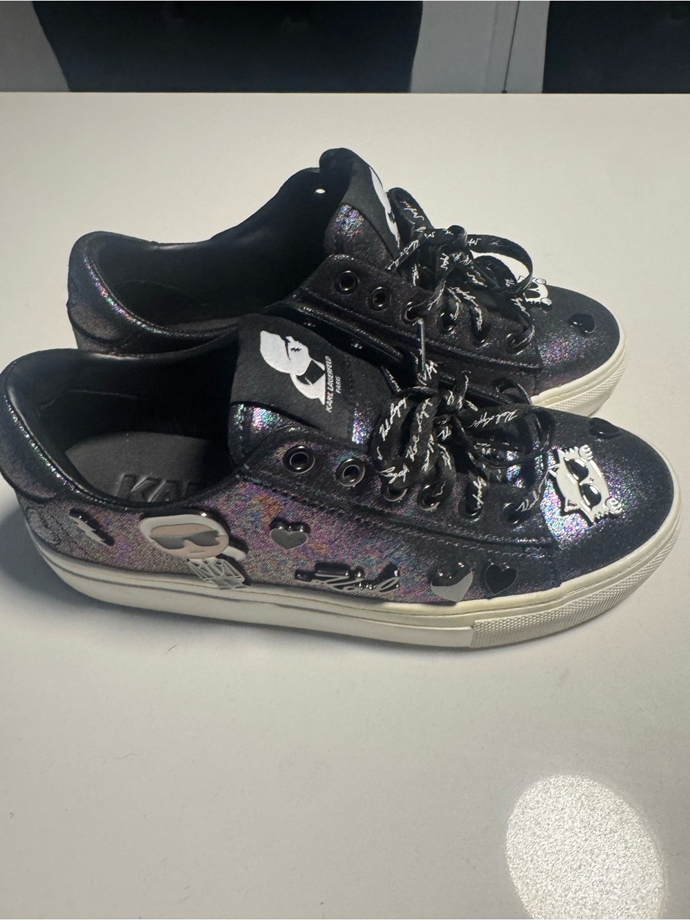 Karl Lagerfeld Iridescent Black Glitter Kids Sneakers with Heart & Skull Details